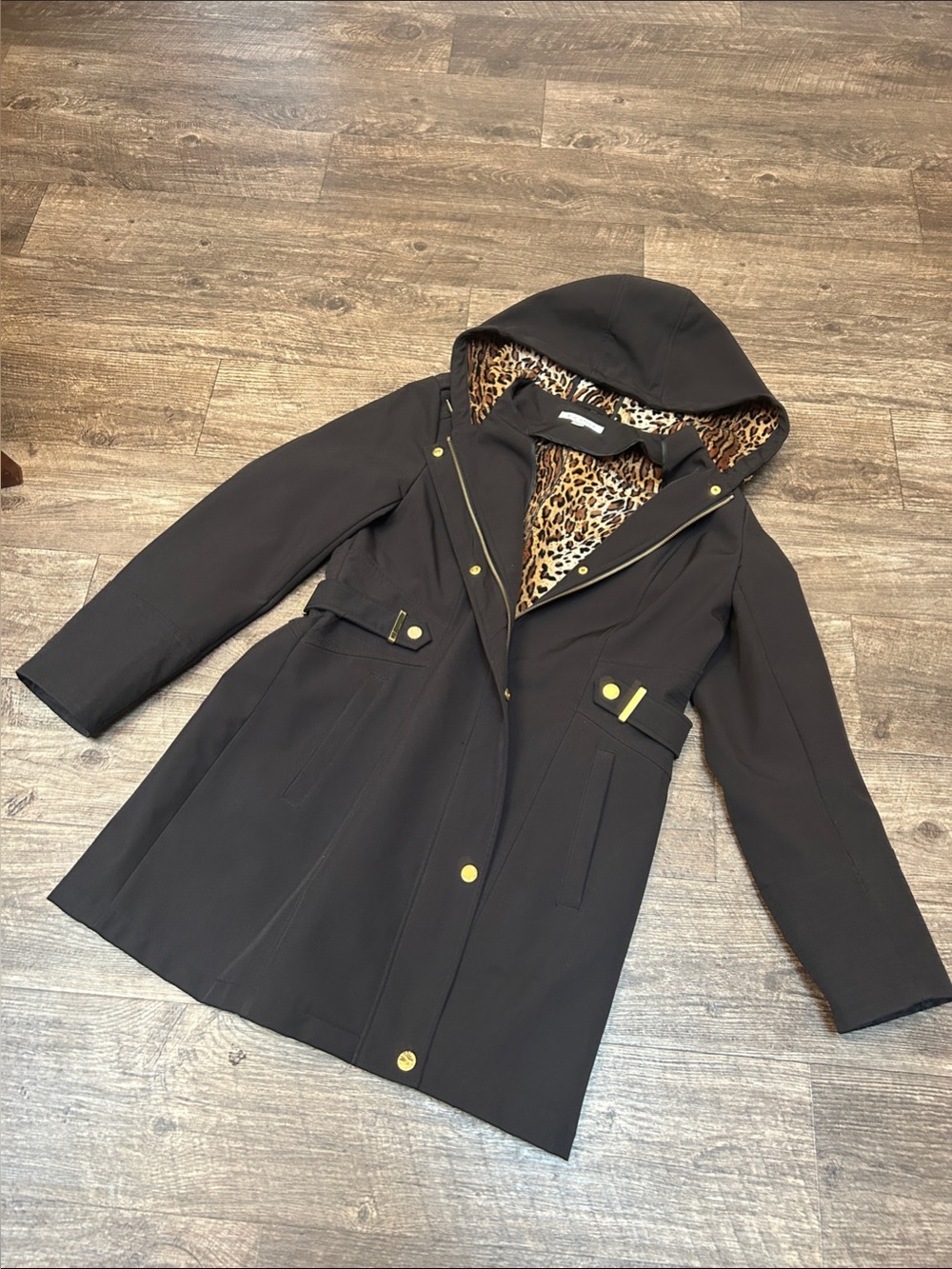 Via Spiga Black Hooded Trench Coat with Leopard Print Lining